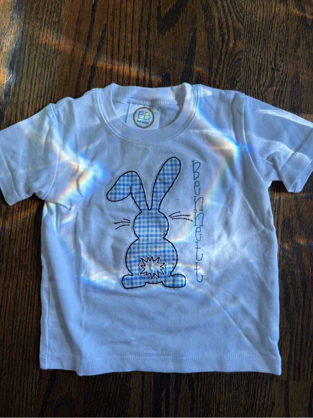 Personalized White Kids Bunny T-Shirt with Blue Gingham